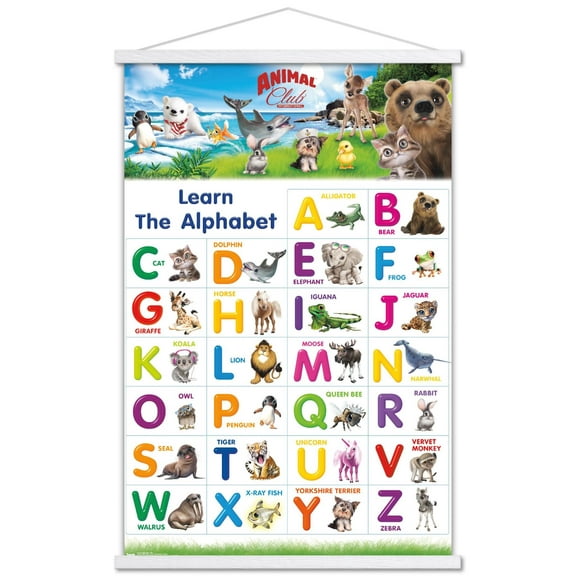 Animal Club - Letters ABC Wall Poster with Wooden Magnetic Frame, 22.375" x 34"