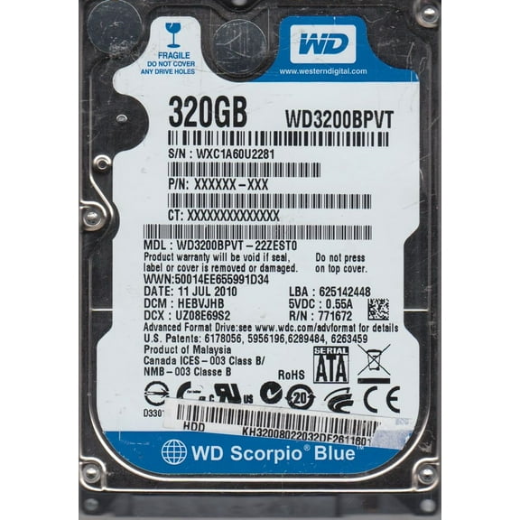 WD3200BPVT-22ZEST0, DCM HEBVJHB, Western Digital 320GB SATA 2.5 Hard Drive