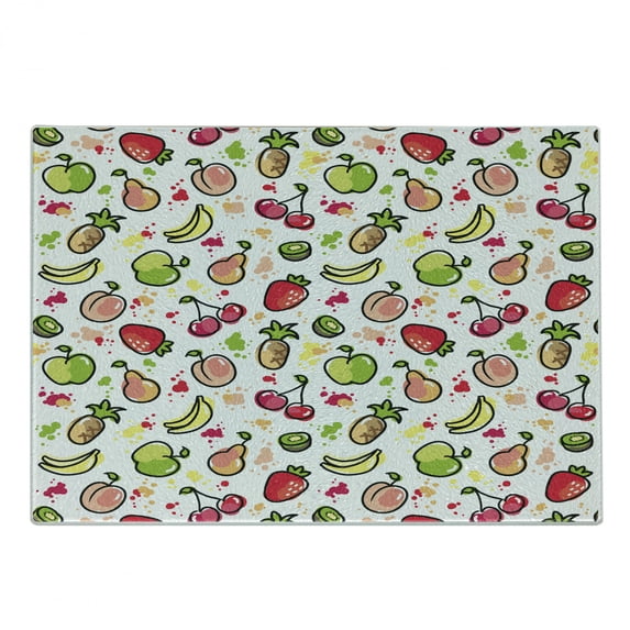 Fruits Cutting Board, Watercolor Pear Cherries Kiwi Apple Brushstroke Splashes Kitchen, Decorative Tempered Glass Cutting and Serving Board, Small Size, Peach Lime Green Red, by Ambesonne