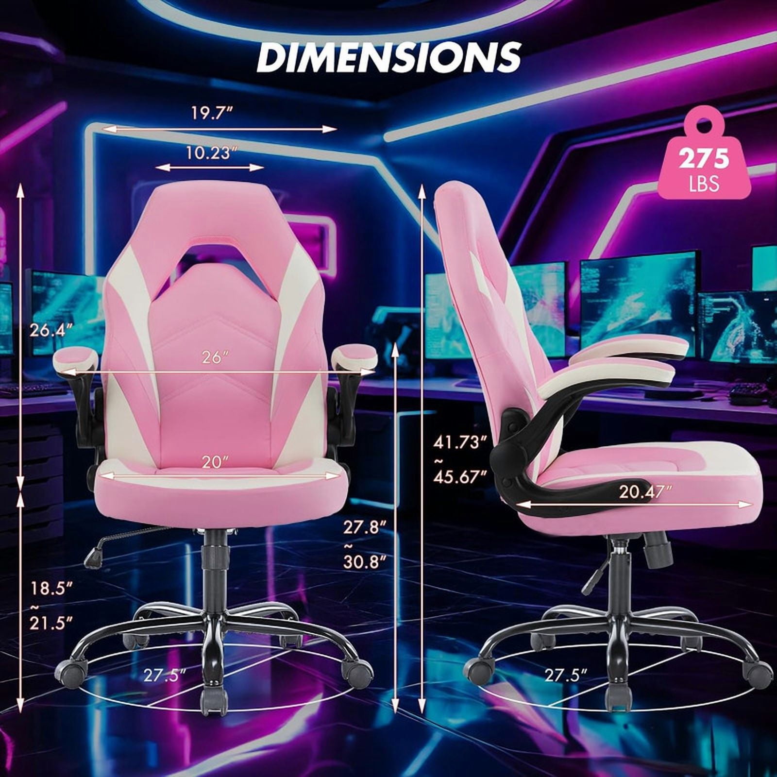 Beddle Gaming Office Chair, Ergonomic PU Leather High Back Swivel Computer Desk Chair with Flip-up Arms, Lumbar Support, White Pink