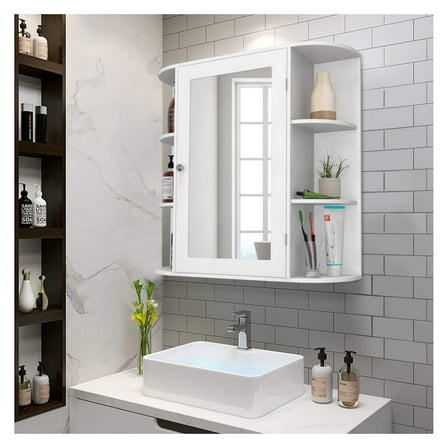 Casart Wall Mounted Bathroom Cabinet with Mirror, Single Door Medicine Cabinet with 4-Tier Inner Shelf