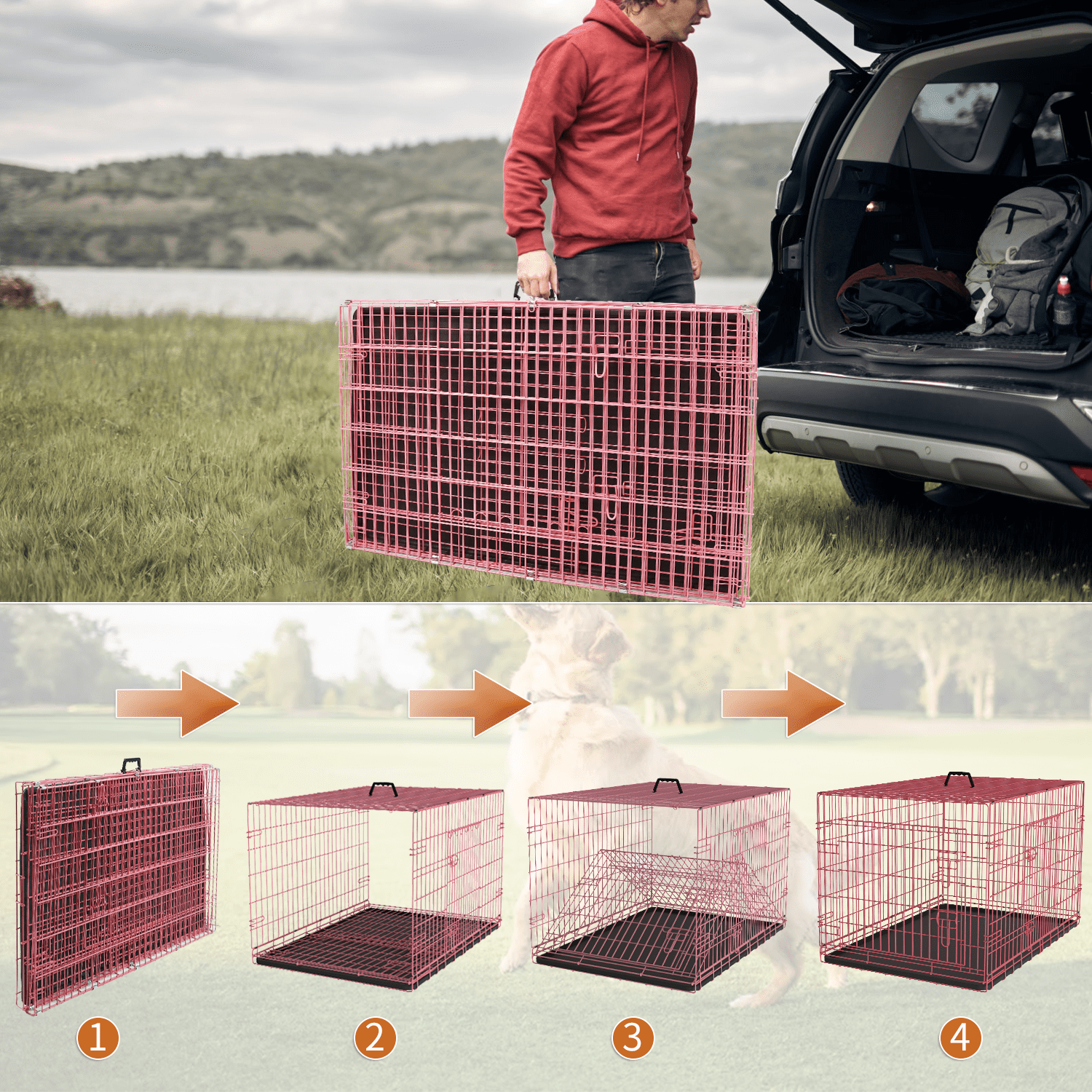 Dkelincs 48 inch Large Dog Crate Portable Foldable Dog Cage with 2 Doors, Handle, Plastic Tray, XXL Dog Kennel for Medium Large Puppy, Pink
