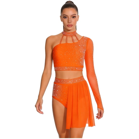 Haitryli Women Lyrical Latin Dance Dress Rhinestones Crop Top And Shorts Gymnastic Outfit Orange L