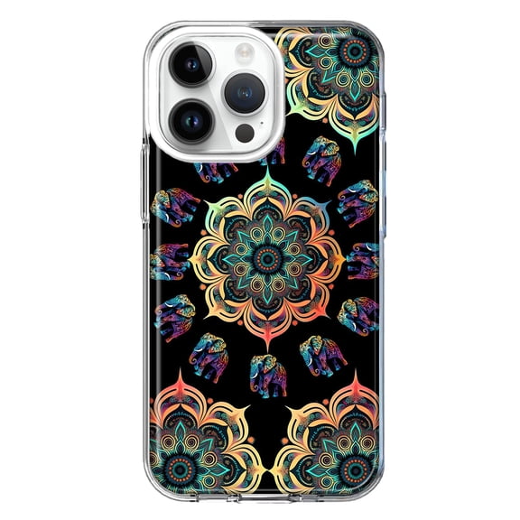 MUNDAZE Case for Apple iPhone 15 Pro Max Slim Hard Shell Soft TPU Hybrid Shockproof Heavy Duty Protective Phone Cover - Mandala Geometry Abstract Elephant Pattern