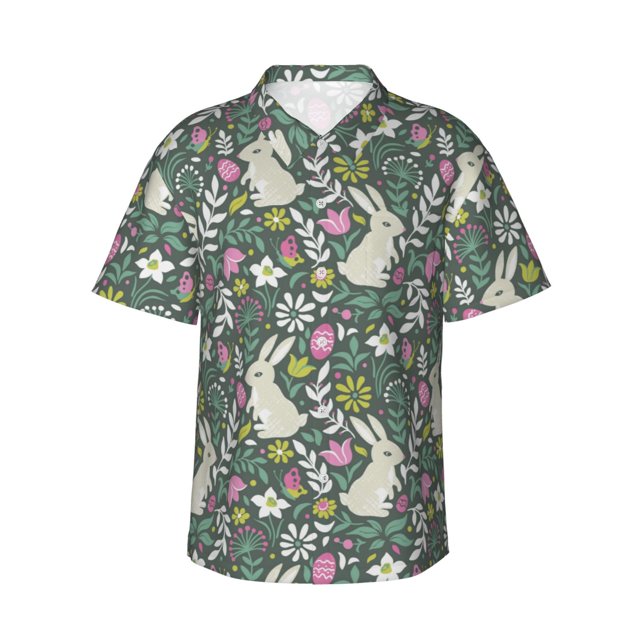 Fotbe Retro Bunny Floral Camisa Hawaiana para Hombre Unisex – Camisa Casual de Verano con Botones de Manga Corta de Algodón y Lino,XX-Large