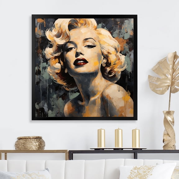 Designart "Vintage Marilyn Monroe in Yellow and Beige III" Fashion Framed Wall Art Decor - Glam Beige Woman Pop Art Entryway Framed Wall Art
