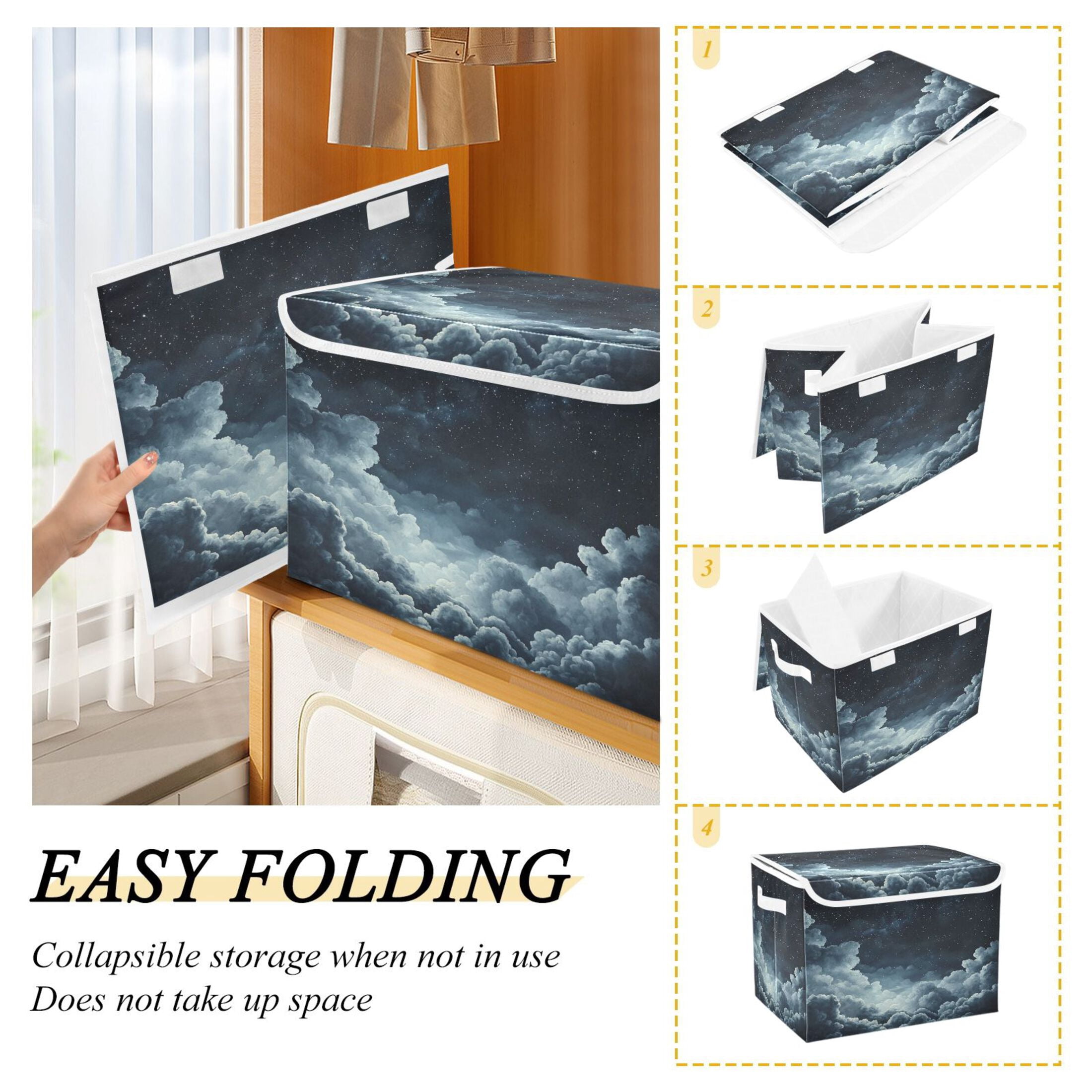 WOBOGO Starry Night Sky Picture Large Collapsible Storage Box Flip Lid Fabric Decorative Organizer Container Basket with Handles 16.5×12.6×11.8in