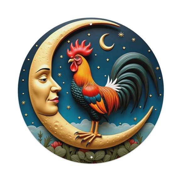 Vintage Wall Decor Rooster Moon Night Sky Wall Plaque Sign Round Metal Tin Sign Round Welcome Door Hanging, Suitable for Home Garden Kitchen Bar Cafe Restaurant Garage Wall Decor 8x8 Inch