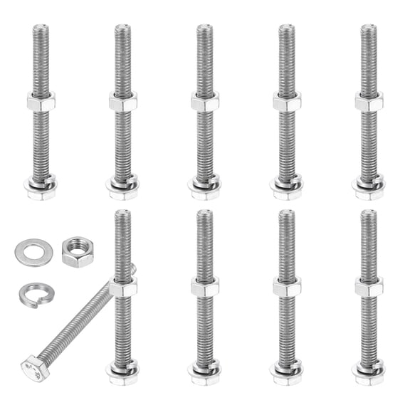 Uxcell M6x60mm Hex Bolt with Nuts Flat Spring Lock Washers 10 Set Stainless Steel Hexagon Screw Bolts Full Coarse Thread Metric Bolt Assortment Kit