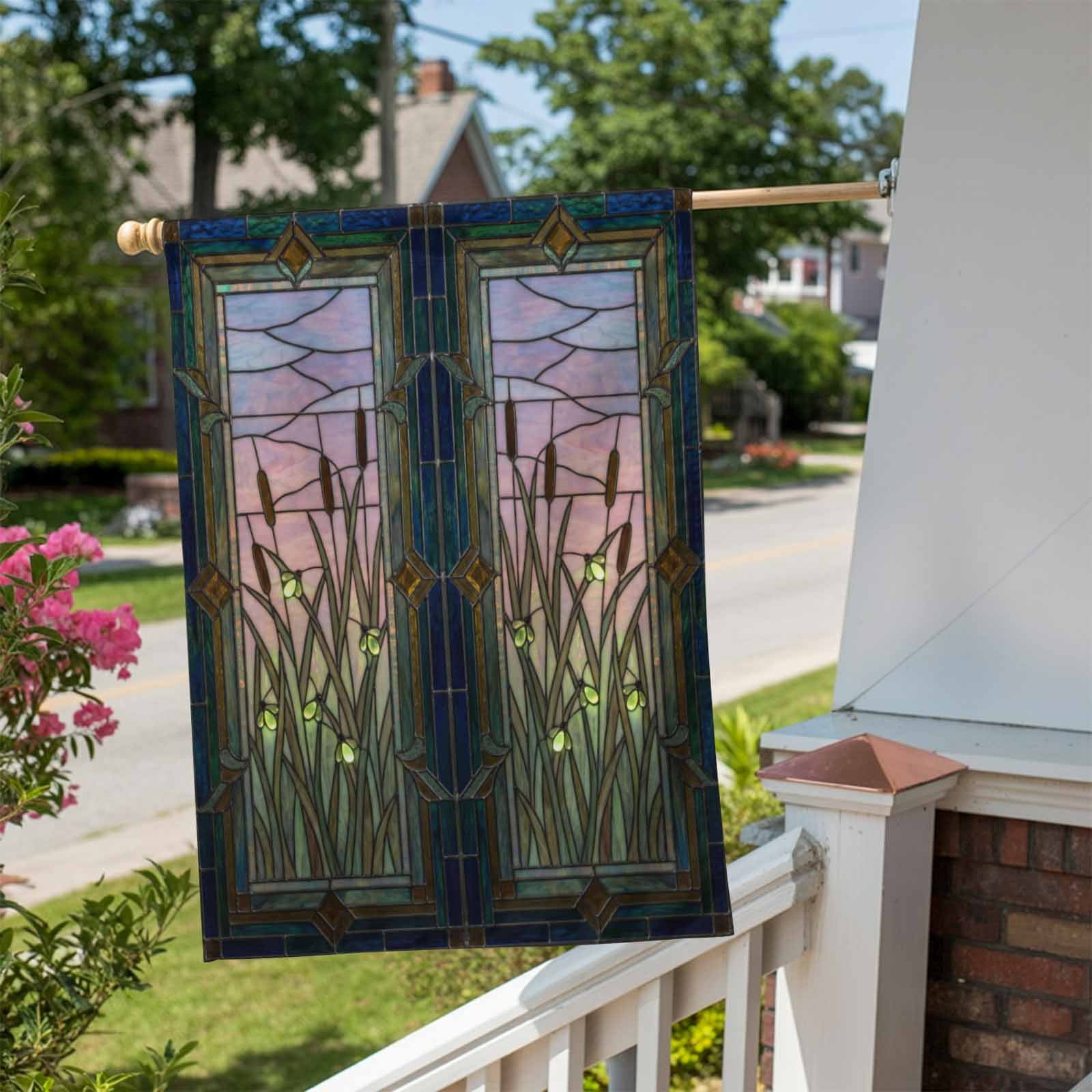 Plants Firefly House Flag 28 x 40 Inches, Retro Stained Glass Window Botanical Firefly Weather Proof Outdoor Patio Flags Double Sided Small House Decoration for Yard Lawn Outside Home