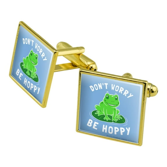Don't Worry Be Hoppy Frog Funny Humor Square Cufflink Set - Silver or Gold
