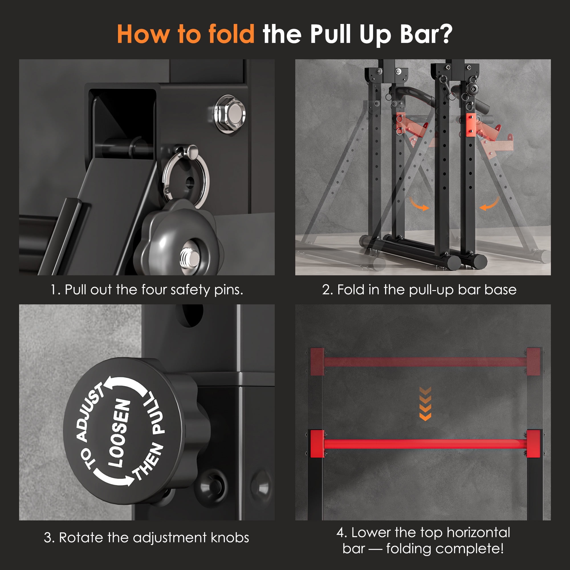 Multifunction Foldable Triangular Structure Pull Up Station , Free Standing Power Tower Pull Up Bar Dip Station Adjustable Height Strength Training Workout Equipment, Support 500lbs, Black + Red