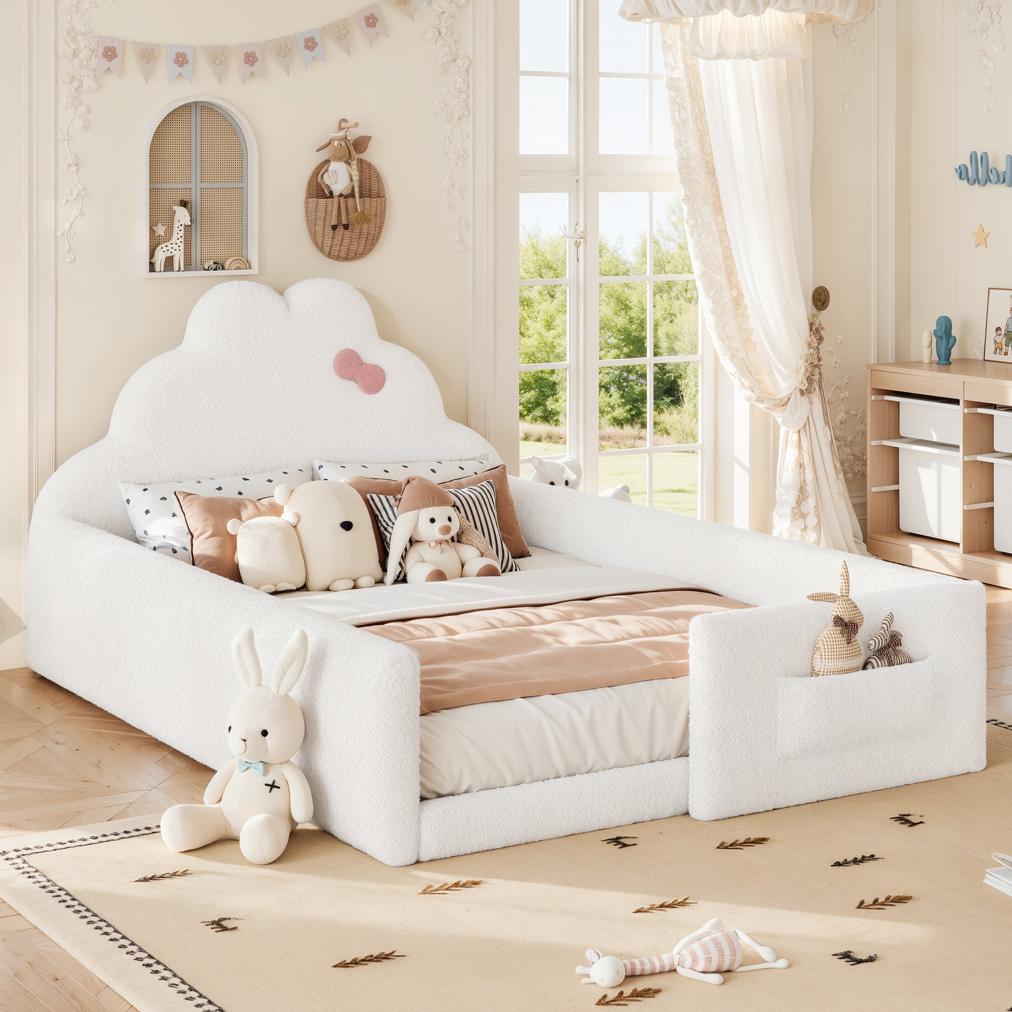 HOQBN Full Size Upholstered Floor Bed Frame, Soft Padded Upholstered Kids Bed, Safe Children Bed Frame with Side Storage Pocket for Bedroom White
