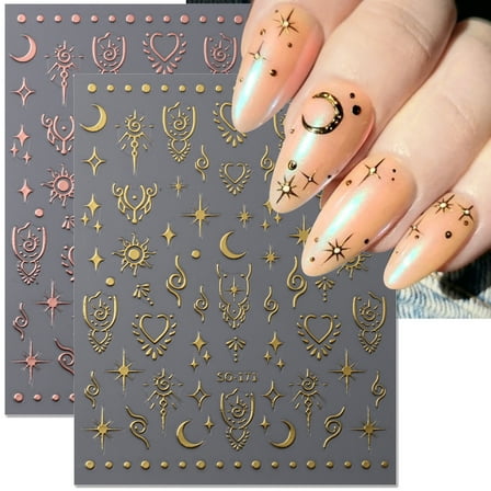 4 Sheets 3D Holographic Sun Moon Star Nail Stickers,   Laser Nail Decals Rose Gold Silver Nail Art Stickers Boho Sun Mythology Totem Stars Moon Heart Charm Nail Designs Nail Sticker Women Nail Supplie