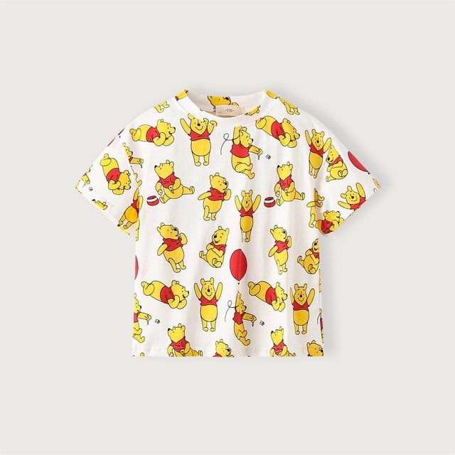 Camiseta con estampado de Mickey y oso pequeño para niños, camisetas de manga corta con cuello redondo, camisetas versátiles de moda para bebés