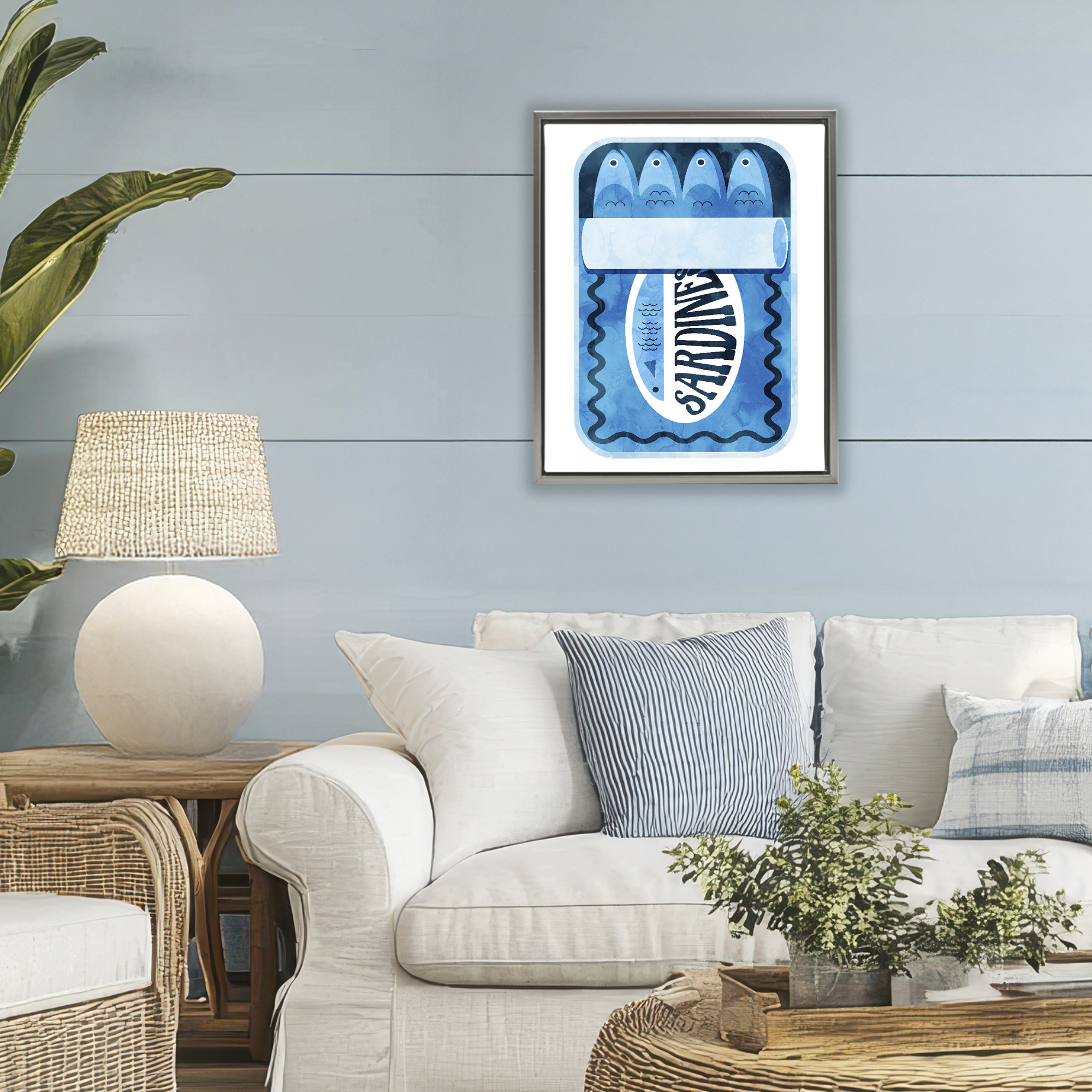 Retro Blue Sardine Tin Gray Framed Floater Canvas Wall Art, design by Daphne Polselli