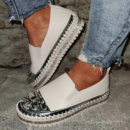 

WANYNG Women Fashion Flat Heel Crystal Rhinestone Glitter Slip On Platform Loafers Shoe