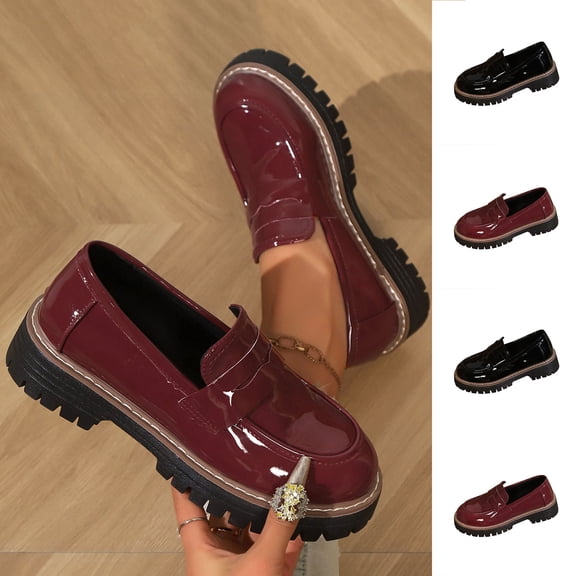 Women's Platform Loafers, Patent Leather Chunky Sole Slip-On Shoes, Classic Round Toe Casual Dress Loafers for Daily Wear, Work, School - Black/Wine Red