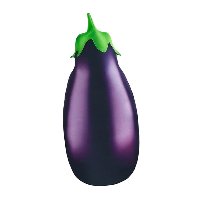 disfraz de berenjena de halloween divertido disfraz de verdura para cosplay y actuación en escenario adulto, vista frontal centrada de cuerpo entero con silueta tipo mono en violeta de textura lisa y gorro verde en forma de cáliz, tamaño aproximado 131 cm x 74 cm, fabricado en poliéster, fácil de poner y quitar, ideal para fiestas de Halloween, mascaradas y teatro; suele usarse también para sesiones de fotos temáticas.