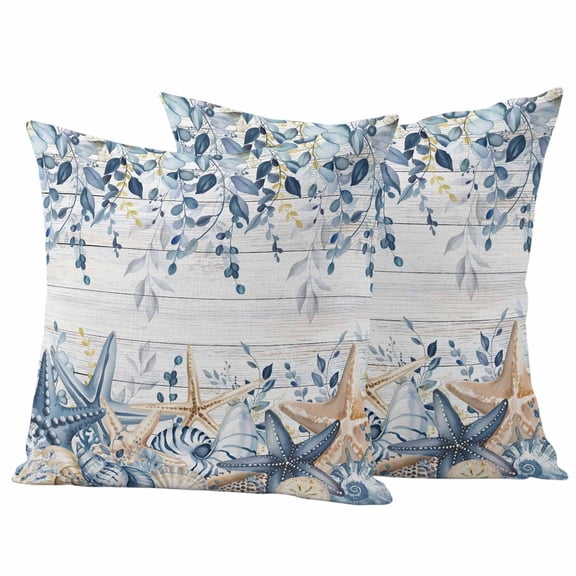 Blue Eucalyptus Coastal Outdoor Waterproof Pillow Covers, Beach Starfish Shell Nautical Retro Decorative Square Throw Pillowcase Sofa Cushion Sham for Patio/Couch/Chair, 26"x26" 2 Pack