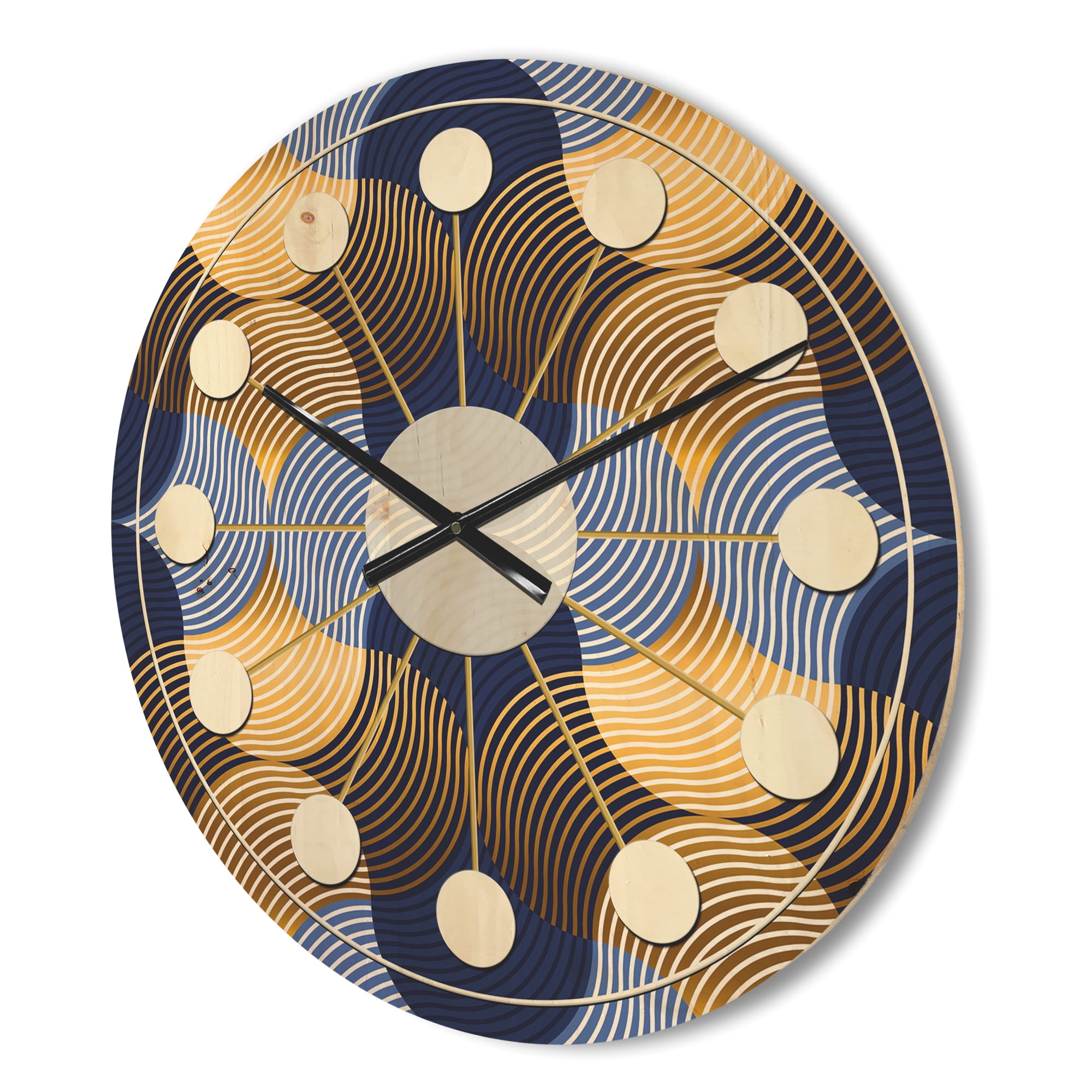 Designart 'Retro Luxury Waves In Blue and Gold II' Mid-Century Modern Wood Wall Clock