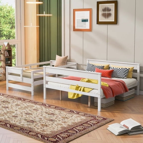 CITYLE Bunk Bed Twin XL over Queen Bunk Bed with Trundle, Convertible into 2 Beds, Solid Wood Bunk Bed for Adults, Full-Length Guardrail, No Box Spring Needed, White