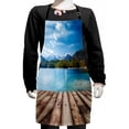 thumbnail image 1 of Mountain Kids Apron, Snowy Mountain Tops from Old Wood Deck Pier by Sea Idyllic Calm Coastal Charm, Boys Girls Apron Bib with Adjustable Ties for Cooking Baking Painting, Blue Brown, by Ambesonne, 1 of 2