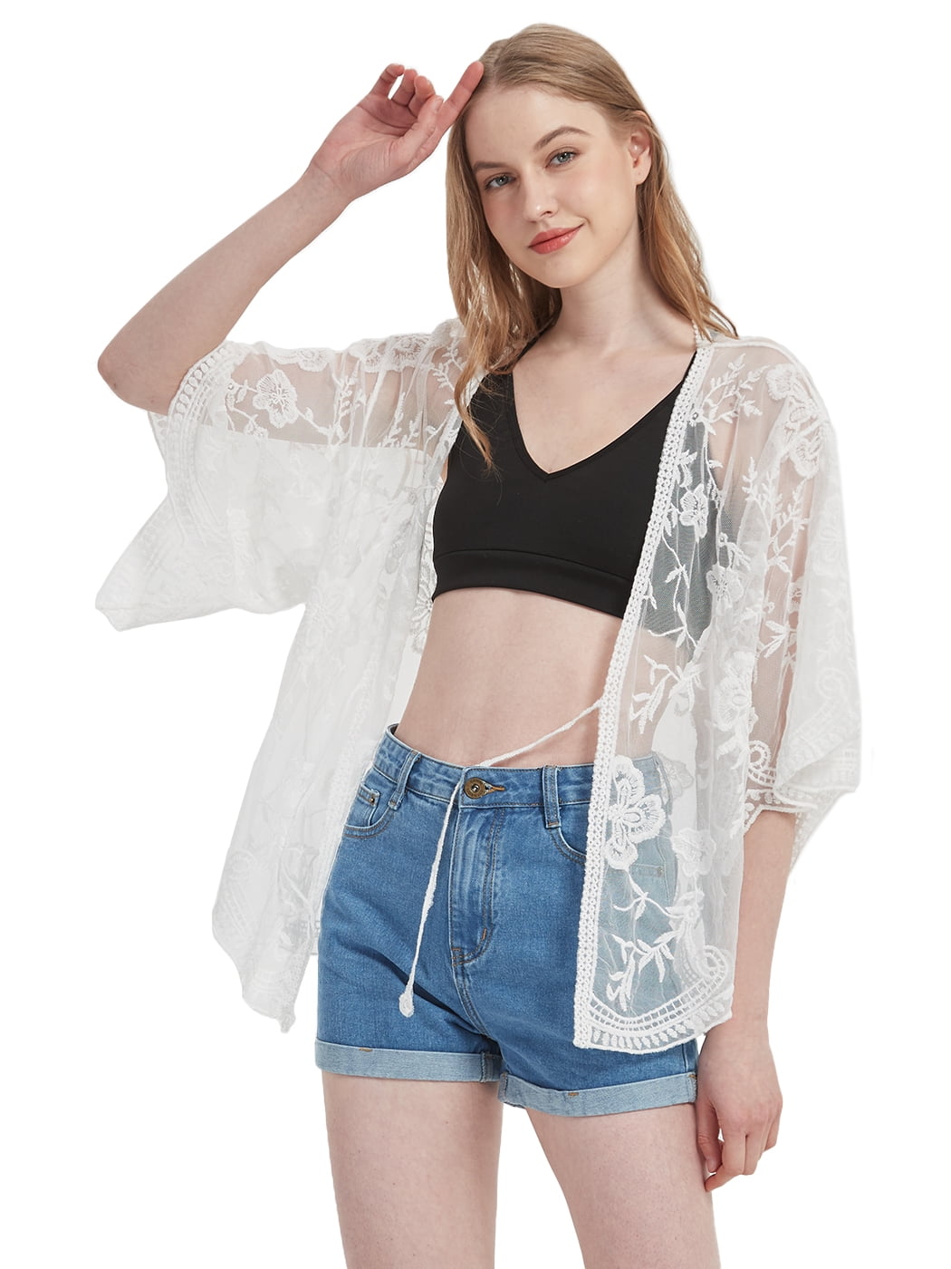 Womens Long Embroidered Lace Kimono Cardigan with Half Sleeves, White, One  Size - Walmart.com