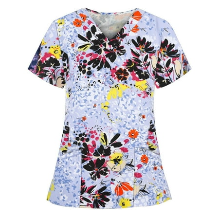 

Summer Women Scrubs Top Nurses Clothing Working Uniform Top Care Workwears Short Sleeve V-Neck Flower Printed Top Fashion T-Shirts