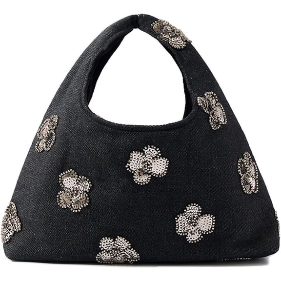Floral Denim Handbag for Women, Sequin Beaded Triangle Shoulder Tote Bag Party Clutch Purse
