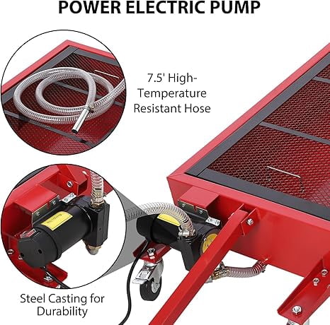 Low Profile Oil Drain Pan, 20 Gallon Oil Drain Pan with Pump, Oil Change Pan with 180W Electric Pump, 8Ft Hose & Folding Handle, Rolling Oil Drain Cart for Trucks, Buses, RVs