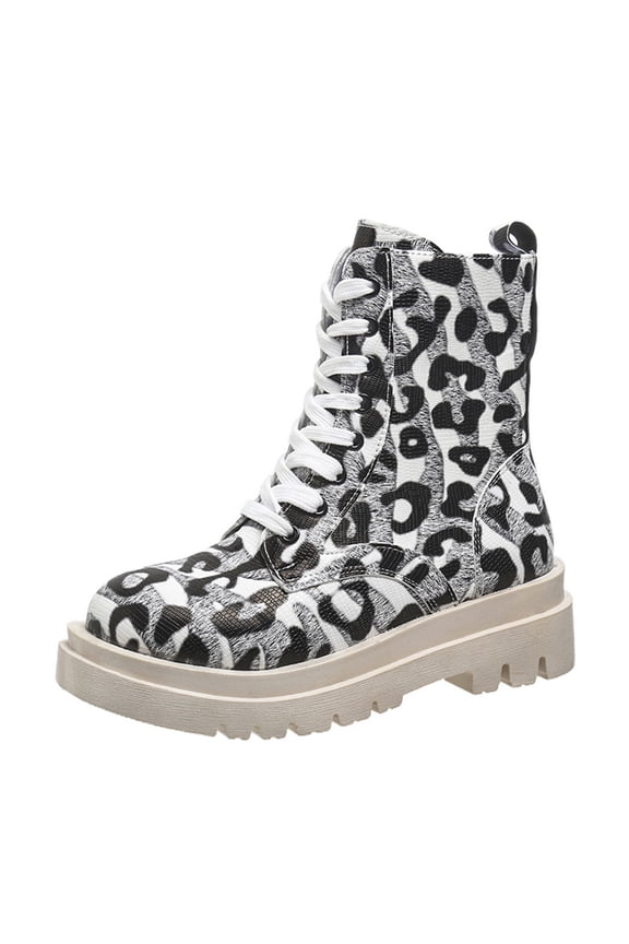 2025 Women's Lace-Up Combat Boot Thick Bottom Round Toe Leopard Print British Fashion Heel Ankle Boots