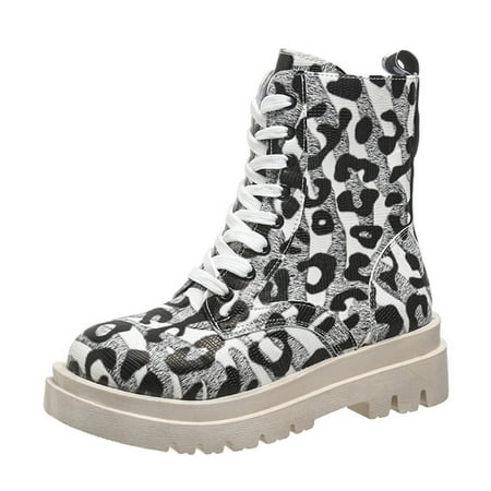 

KBKYBUYZ Ladies Autumn And Winter Sponge Cake Thick Bottom Round Toe Leopard Print British Comfy Square Heel Ankle Boots