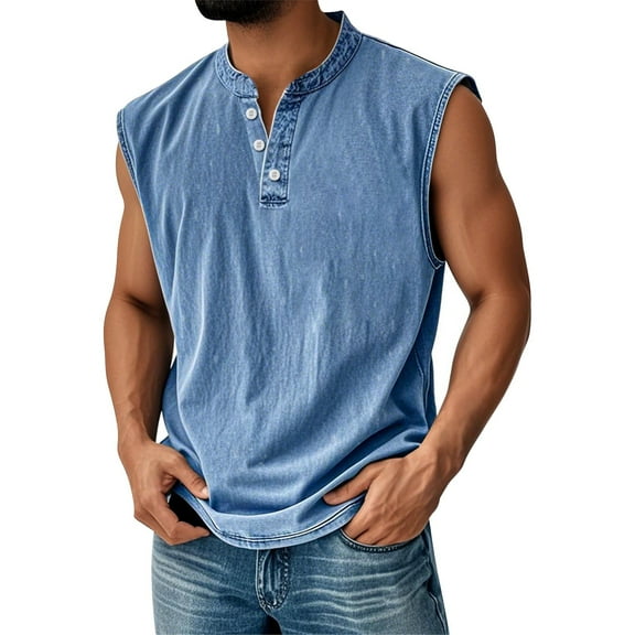 IYYVV Sleeveless Button Down Shirts for Men Summer Tank Shirts Casual Distressed Washed Henley Tank Top Beach Vacation Clothes Blue XL