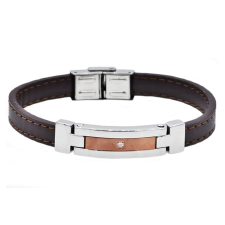 Arista Cubic Zirconia Diamonds Men's Bracelet in Brown And Black Leather Stainless Steel, 8.5"