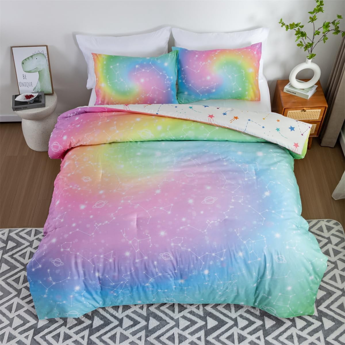 NTBED Tie Dye Constellation Rainbow Ombre Comforter Set Twin Size Gradient Galaxy Bedding Set for Kids Girls Boys Pink Green 3Pcs
