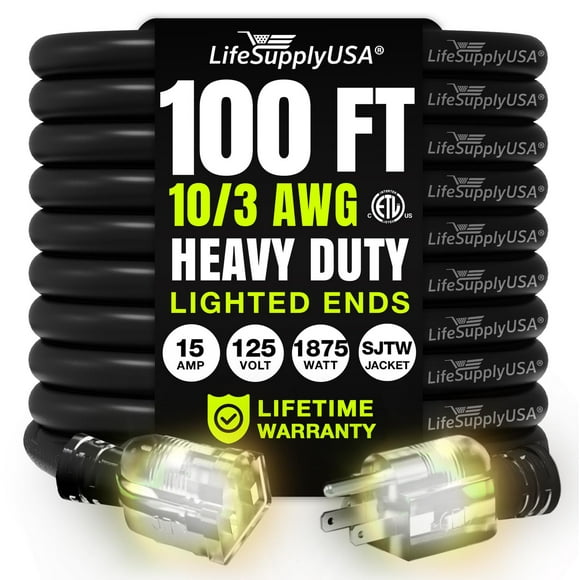 100ft Outdoor/Indoor Extension Cord 10/3 Gauge Ultra Heavy Duty 3 Prong SJTW, Waterproof, ETL Listed, Flexible Cold-Resistant Long Power Cord,125 Amp 1875W, Black by LifeSupplyUSA