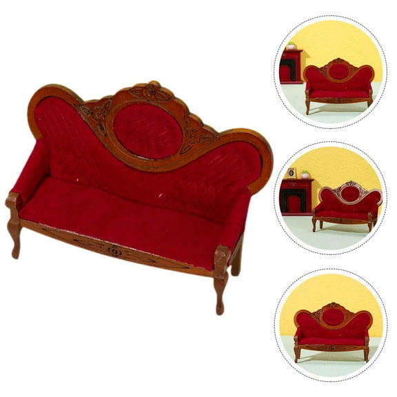 BESTYASH Vintage Red Miniature Sofa Model for Dollhouse Decoration, 1/12 Scale Wooden Furniture Accessory