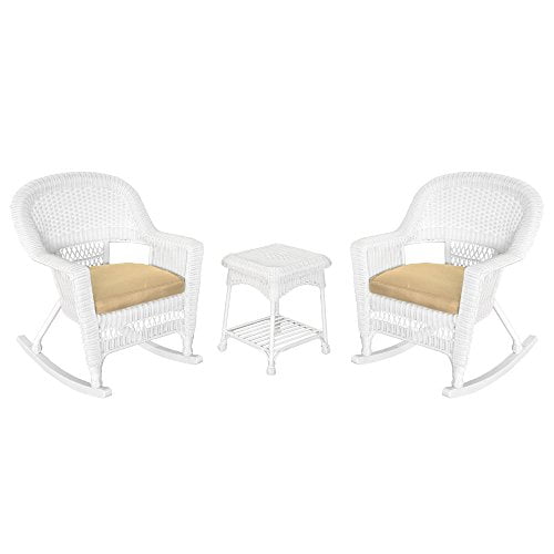 Jeco 3 Piece Rocker Wicker Chair Set With With Tan Cushion, White