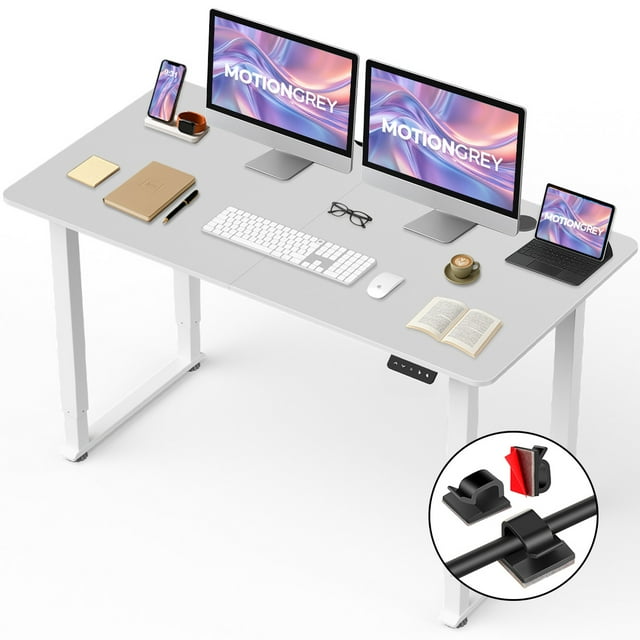 MotionGrey Ergo2 Pro - Bureau Debout Électrique Réglable avec Réglages de Mémoire - Dessus Blanc 55 Pouces x 28 Pouces Cadre Blanc - Bureau Ergonomique Assis-Debout pour la Maison et le Bureau