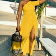 thumbnail image 2 of One Shoulder Dresses for Women Short Sleeve Plain Bodycon Maxi Dress Summer High Split Beach Party Long Dress, 2 of 7