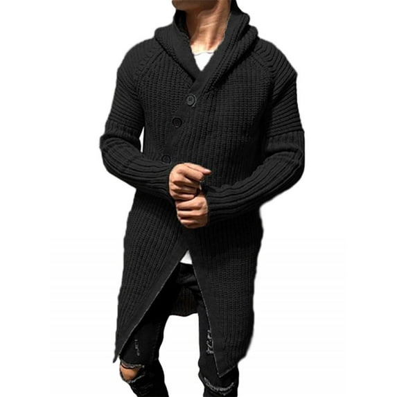 Langwyqu Autumn Winter Men Long Sleeved Hooded Knit Cardigan Button Coat