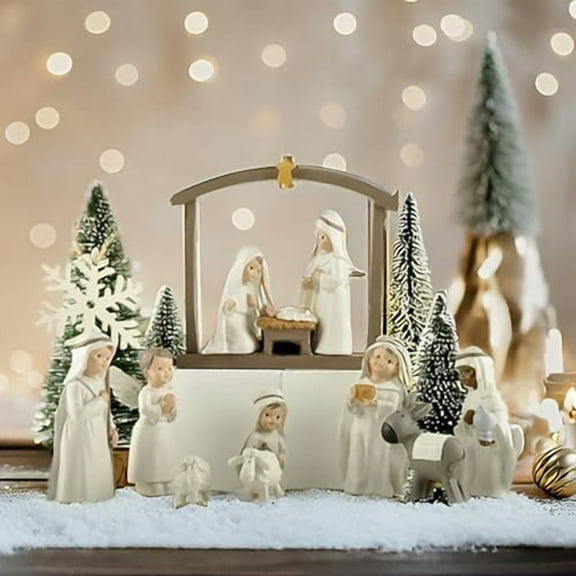 12-Piece Resin Christmas Nativity Scene Set – Miniature Holy Family Figurines with Manger and Animals, Indoor Holiday Tabletop Display
