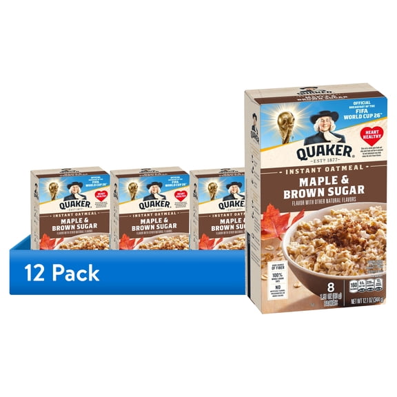 (12 pack) Quaker Instant Oatmeal, Maple Brown Sugar, 12.1 oz, 8 Packets