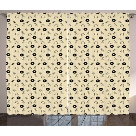 Music Curtains 2 Panels Set, Retro Records Headphones Microphones Casette Tapes Melody in Sixties Graphic Art, Window Drapes for Living Room Bedroom, 108W X 108L Inches, Cream Black, by