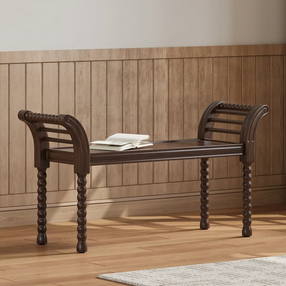 Gzxs Retro End of Bed Bench for Bedroom, Wooden Entryway Ottoman Shoe Changing Footstool with Armrests, 47.3"L x 14.5"W x 25.5"H, Walnut