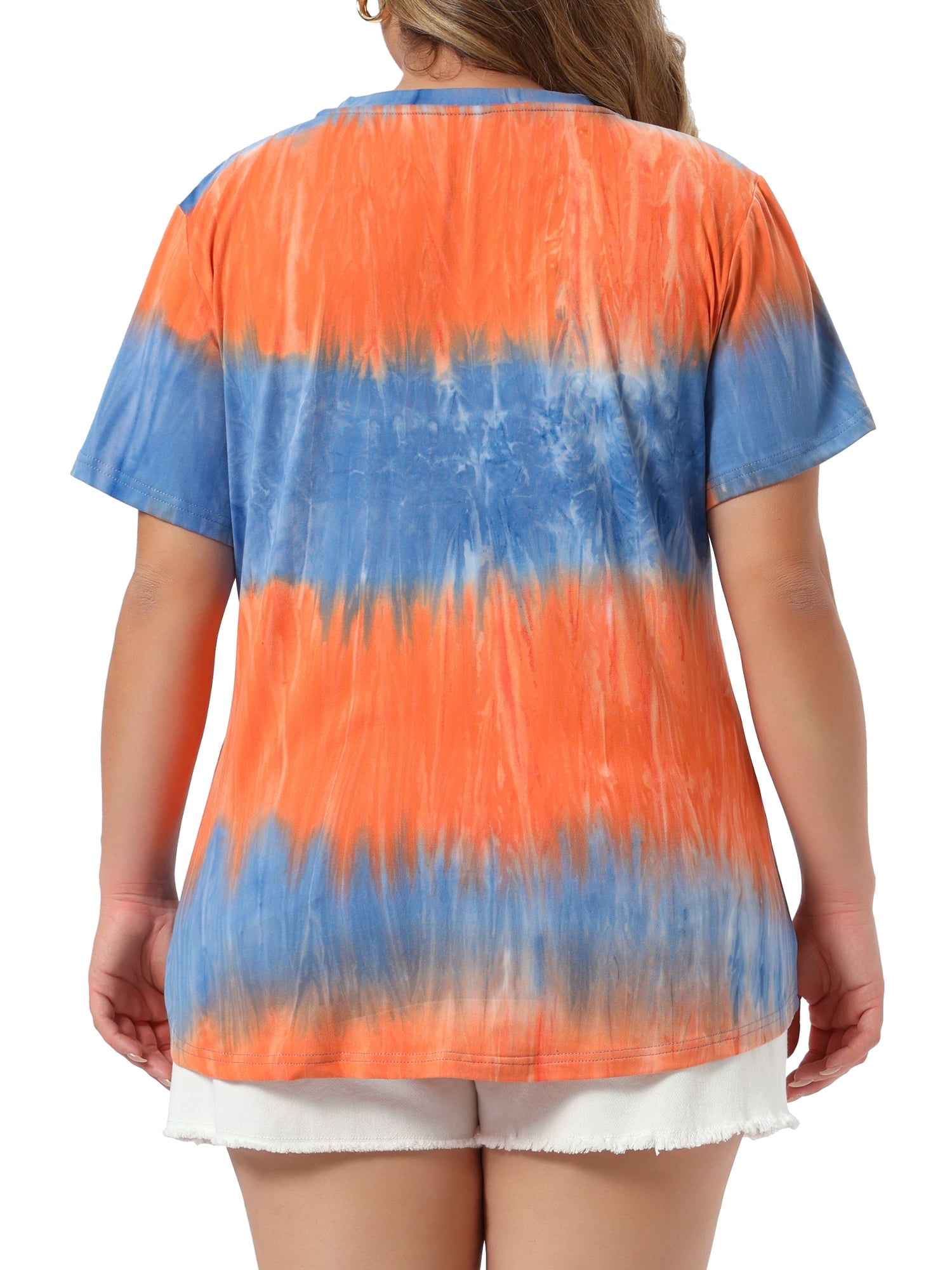 DARING DIVA Women's Plus Size V Neck Short Sleeve Tie Dye Tunic Top 2X Orange Blue