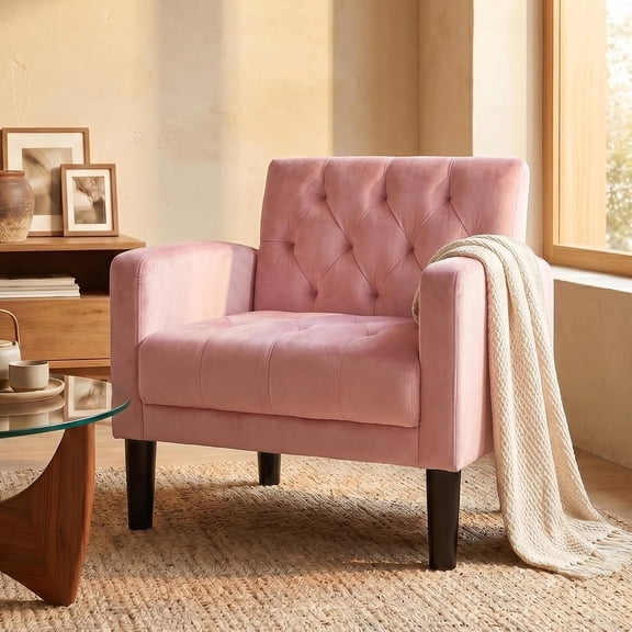 LAZZO Accent Chair, Mid-Century Modern Linen Tufted Armchairs for Living Room and Office, Pink