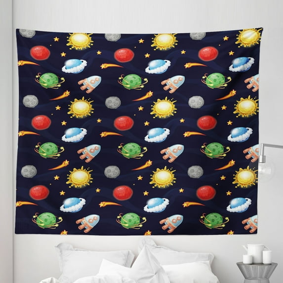 Space Tapestry, Cartoon Style Cosmos Themed Illustration Sun with Stars Planets and Space Rocket, Fabric Wall Hanging Decor for Bedroom Living Room Dorm, 5 Sizes, Multicolor, by Ambesonne