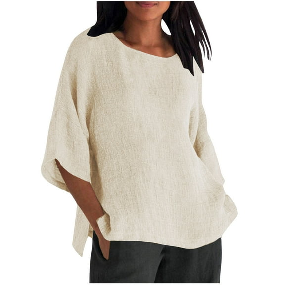 Cotton Linen Shirts for Women Squaer Neck 3/4 Sleeve Solid Color Tops 2025 Fall Summer Casual Loose Beach Vacation Tees